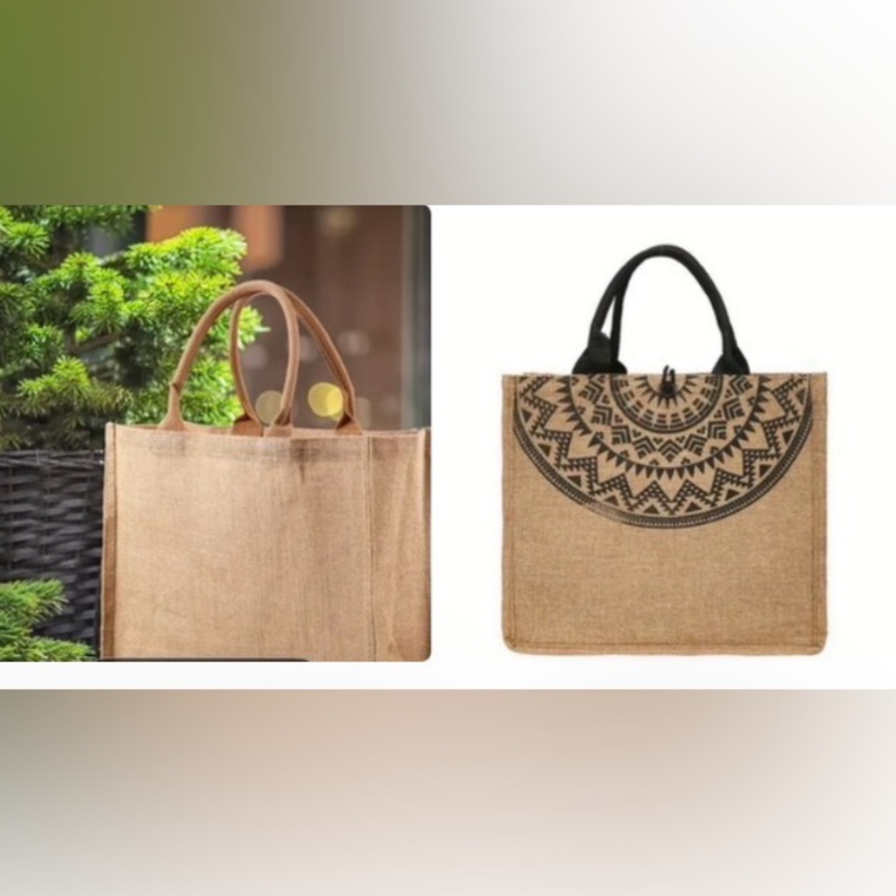(10) Ten Jute Tote Bags  (8) Tan and Black , 2 Plain …..